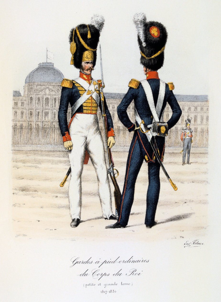 Ordinarie fotvakter av kungens kår, liten och hel klädsel, 1817-30 av Eugene Titeux
