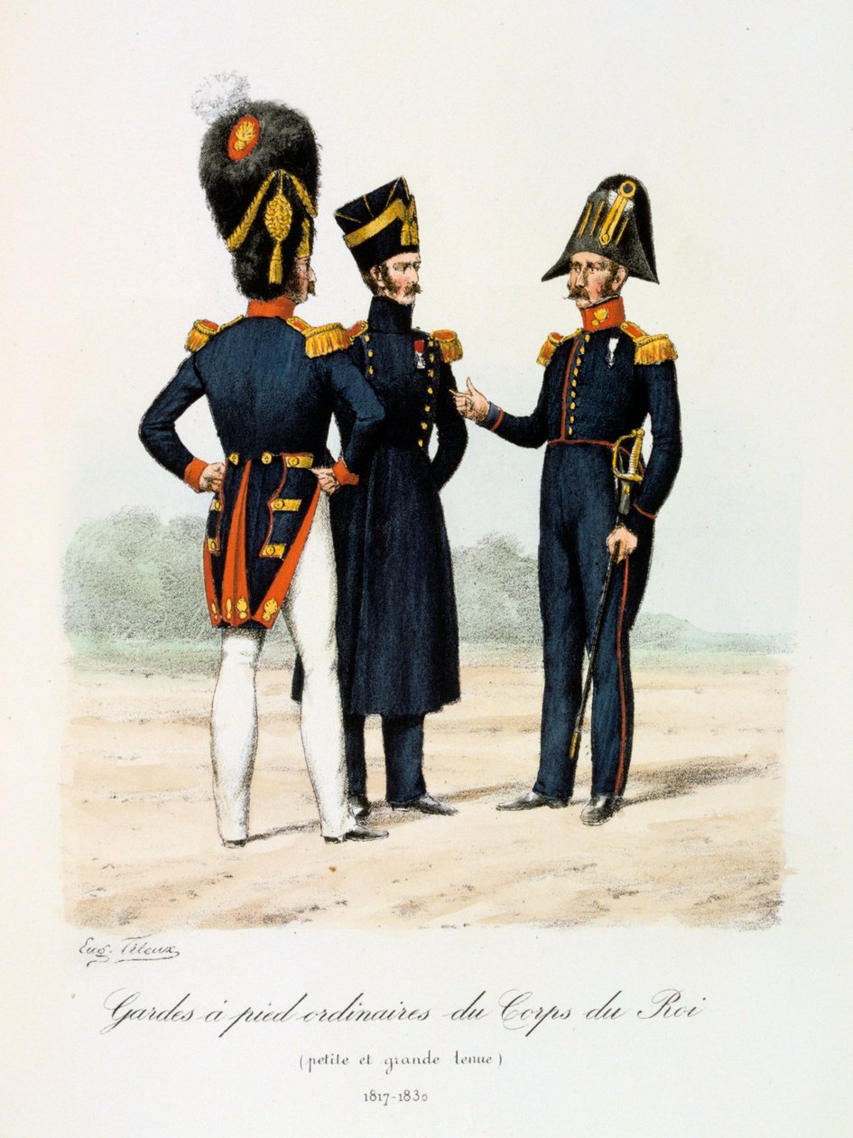 Ordinarie fotvakter av kungens kår, liten och hel klädsel, 1817-30 av Eugene Titeux