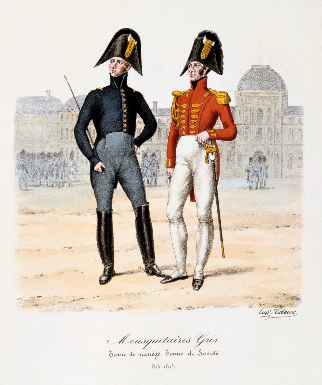 Grå musketörer, manegen och sällskapsklänning, 1814-15 av Eugene Titeux