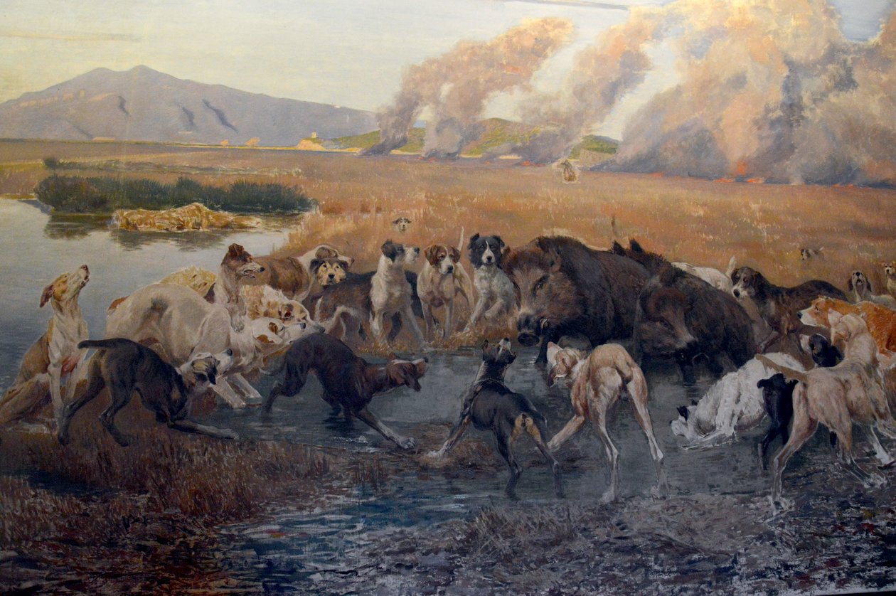 Detalj av Eugenio Cecconis målning Vildsvinsjakten i Padule di Burano vid Galleria d