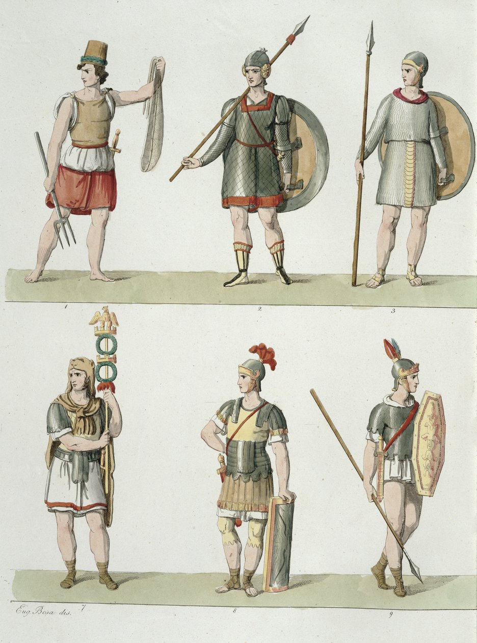 Romerska soldater, detalj från plåt 2, klass 5 i del I av Nationernas historia, graverad av Buttazon aquatint se även 93289 av Eugenio Bosa