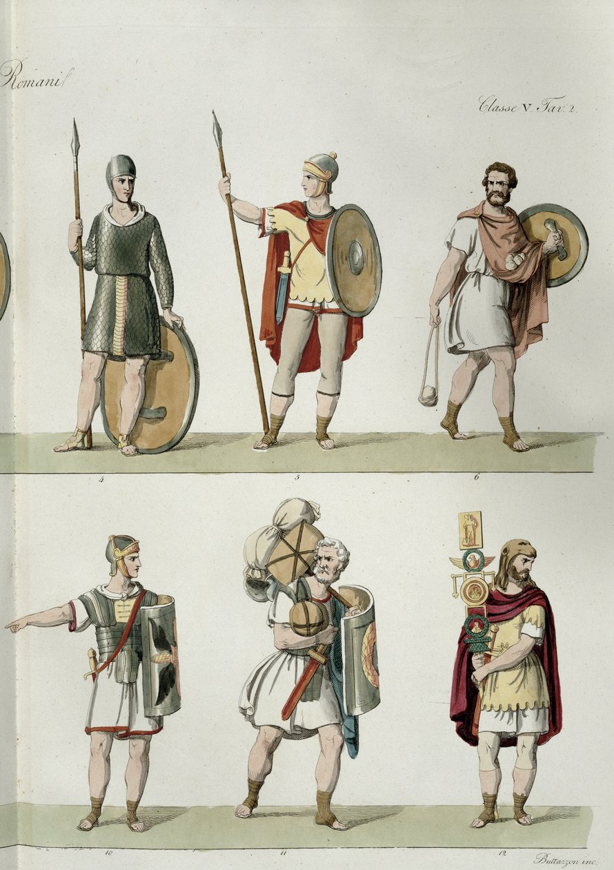 Romerska soldater, detalj från plåt 2, klass 5 i del I av Nationernas historia, graverad av Buttazon (akvatint) (se även 93288) av Eugenio Bosa