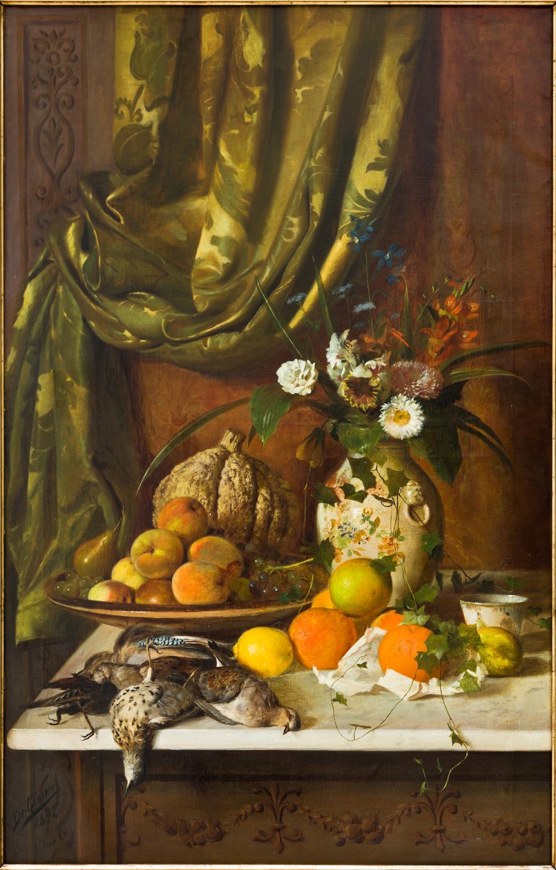 Blommor, frukt och vilt (olja på duk) av Eugenio De Giacomi