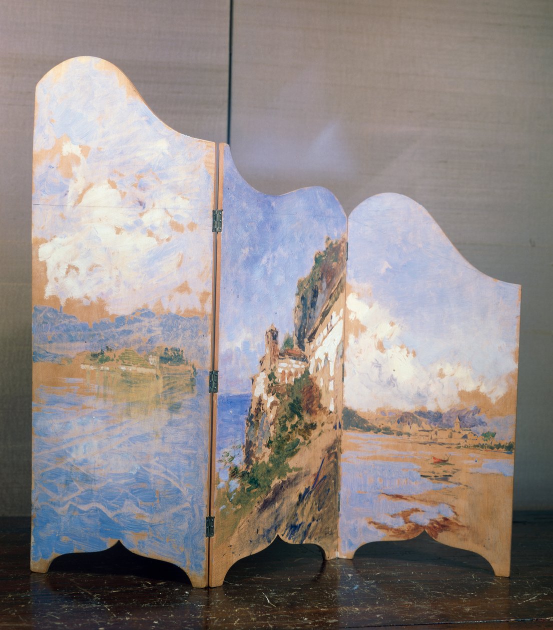 Tre vyer över Lago Maggiore: Isola Bella, Santa Caterina del Sasso, Isola dei Pescatori av Eugenio Gignous