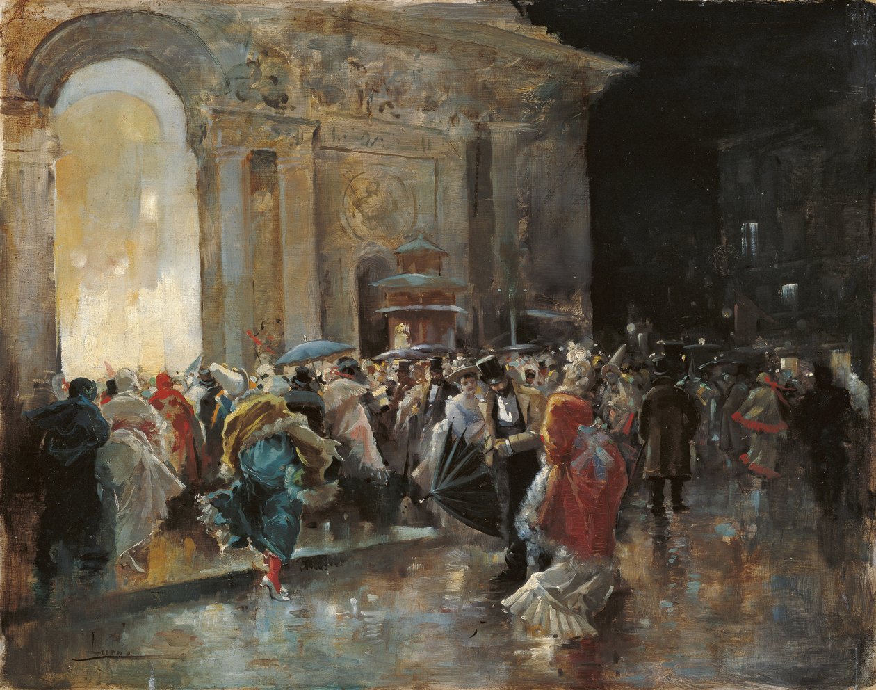 Anländer till teatern på en natt med en maskerad bal - Lucas Villaamil, Eugenio (1858-1919) - ca. 1895 - Olja på trä - 31x40 - Museo Carmen Thyssen, Malaga av Eugenio Lucas Villaamil
