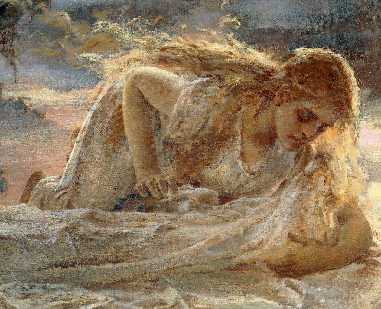 Magdalena som kysser Kristi fötter när han tas ner från korset, detalj från Kristus och Maria Magdalena av Eugenio Prati