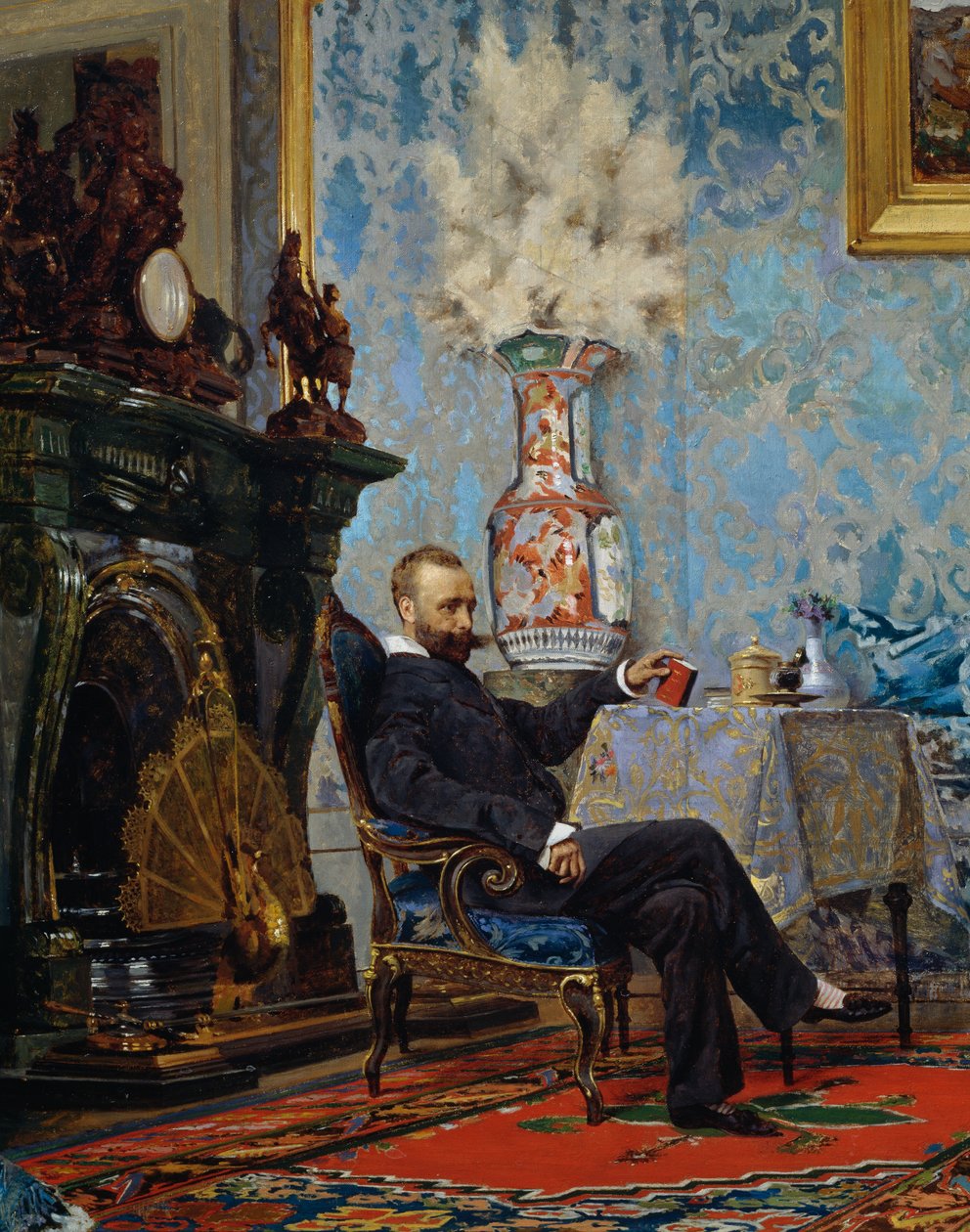 Peter Fabricci sitter i vardagsrummet, detalj från Fabricci-familjen, ca 1880, av Eugene Scomparini (1845-1913), olja på duk, 68x187 cm, Italien av Eugenio Scomparini