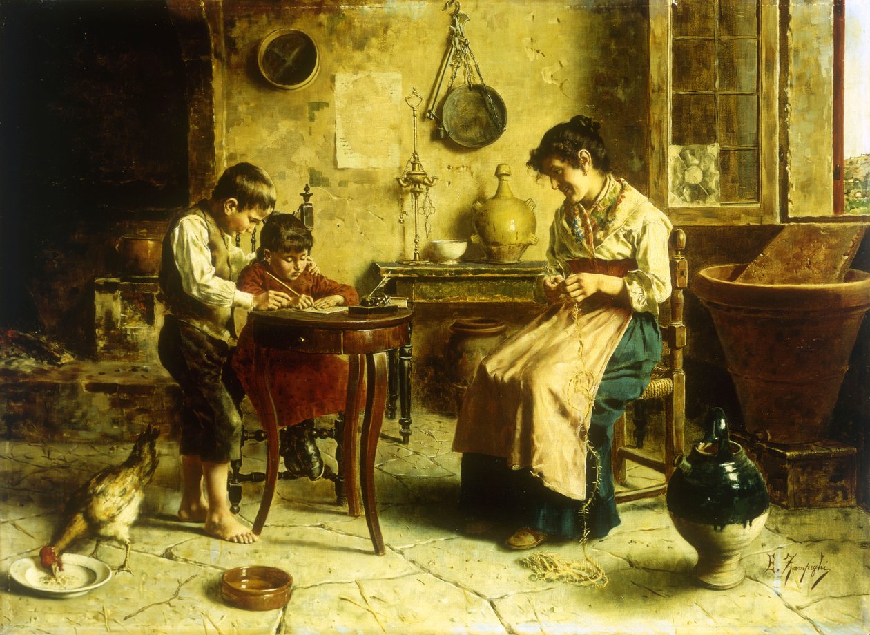 Skrivlektionen (olja på duk) av Eugenio Zampighi