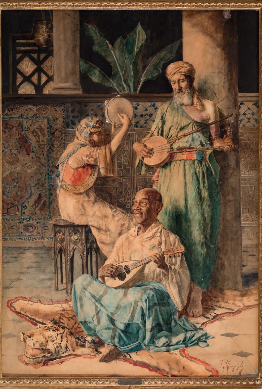 Tre orientaliska musikspelare (tempera på papper) av Eugenio Zampighi