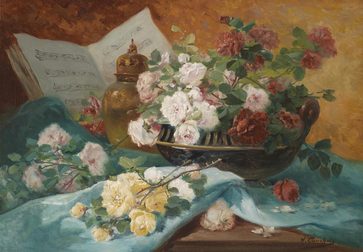 Stilleben med rosor i en skål, en prydnad och en poäng av Eugene Henri Cauchois