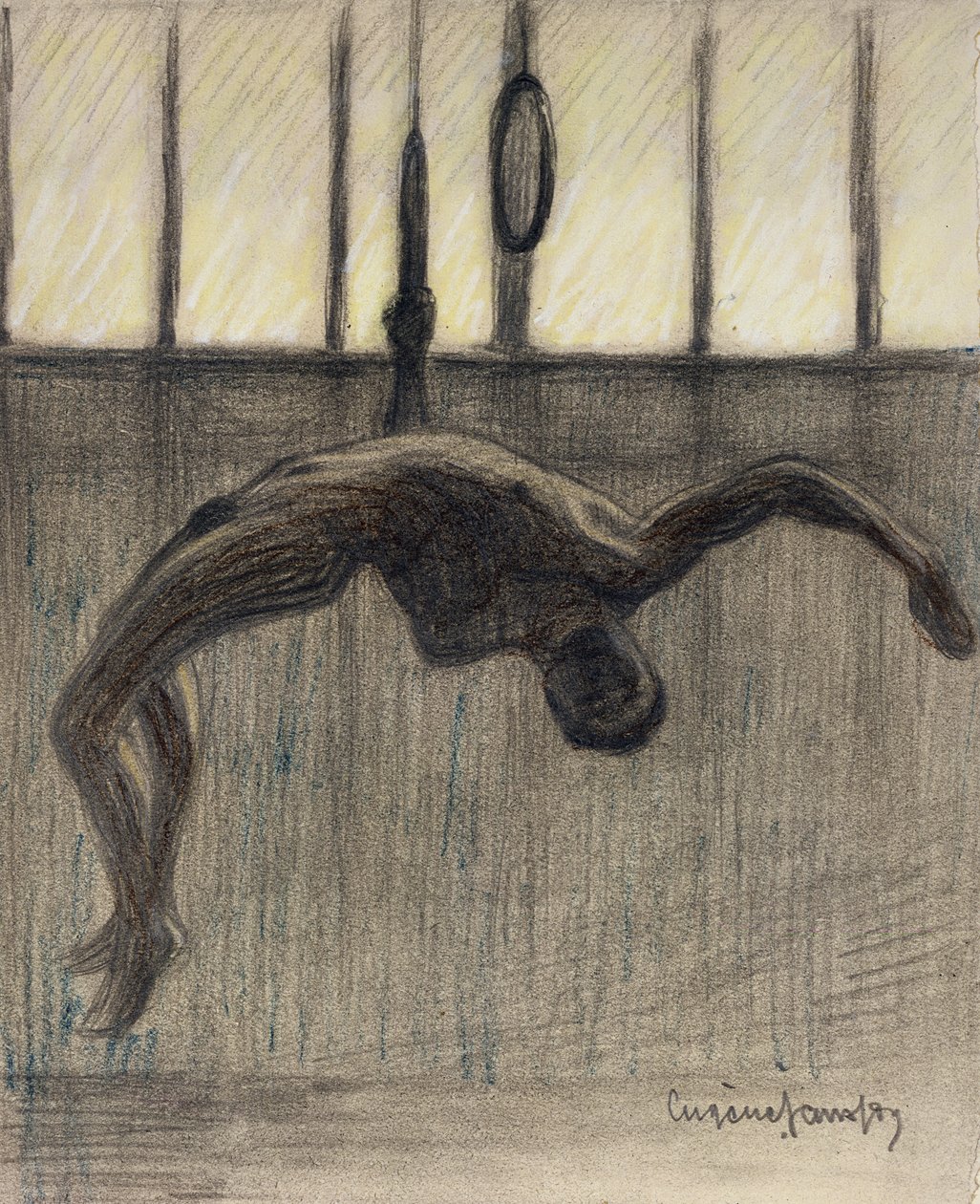 Ringgymnast, 1911 (penna och färgade kritor på papper på förgyllda kanter) av Eugène Jansson