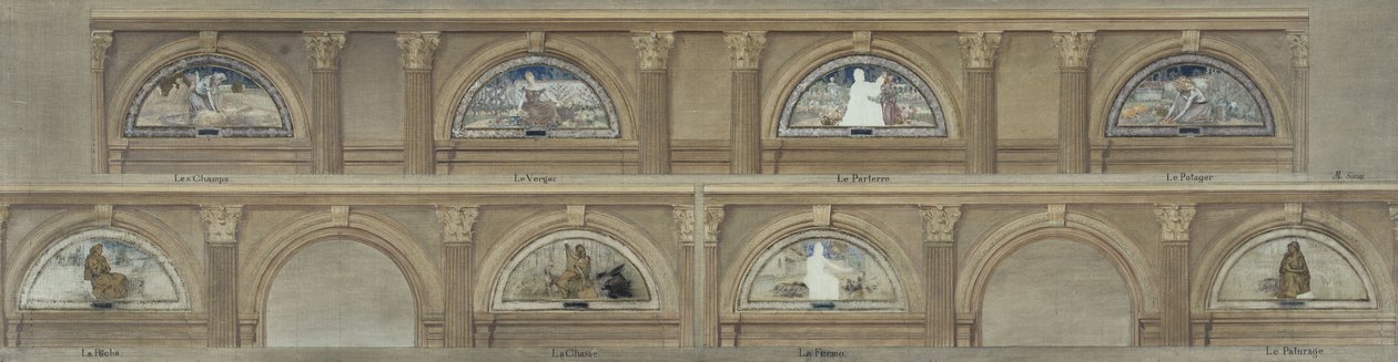 Skiss till matsalen på Hôtel de Ville i Paris: Fälten. Fruktträdgården. Parterren. Grönsaksträdgården. Fisket. Jakt. Gården. The Pasture, ca 1891 (tusch, olja på blyerts, papper på duk) av Eugène Martial Simas
