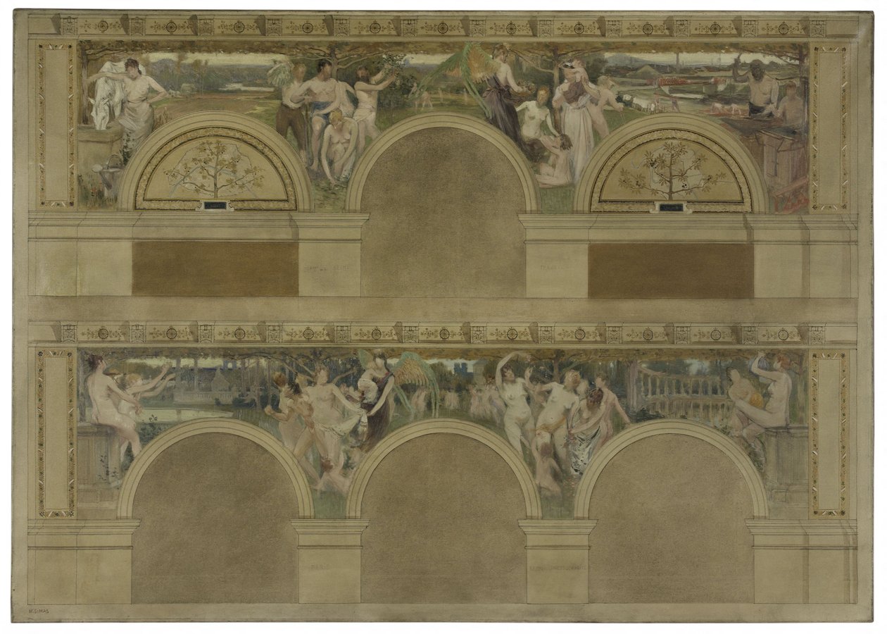 Skiss till en av de inledande salongerna i Hôtel de Ville de Paris: Le Travail. Les Réjouissances. La Charité, år 1892 (svart tusch, olja på duk) av Eugène Martial Simas