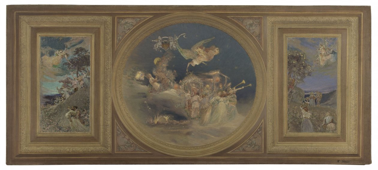 Skiss till matsalen i Hôtel de Ville de Paris: Allegoriskt tak, ca 1891 (olja på duk, papper) av Eugène Martial Simas