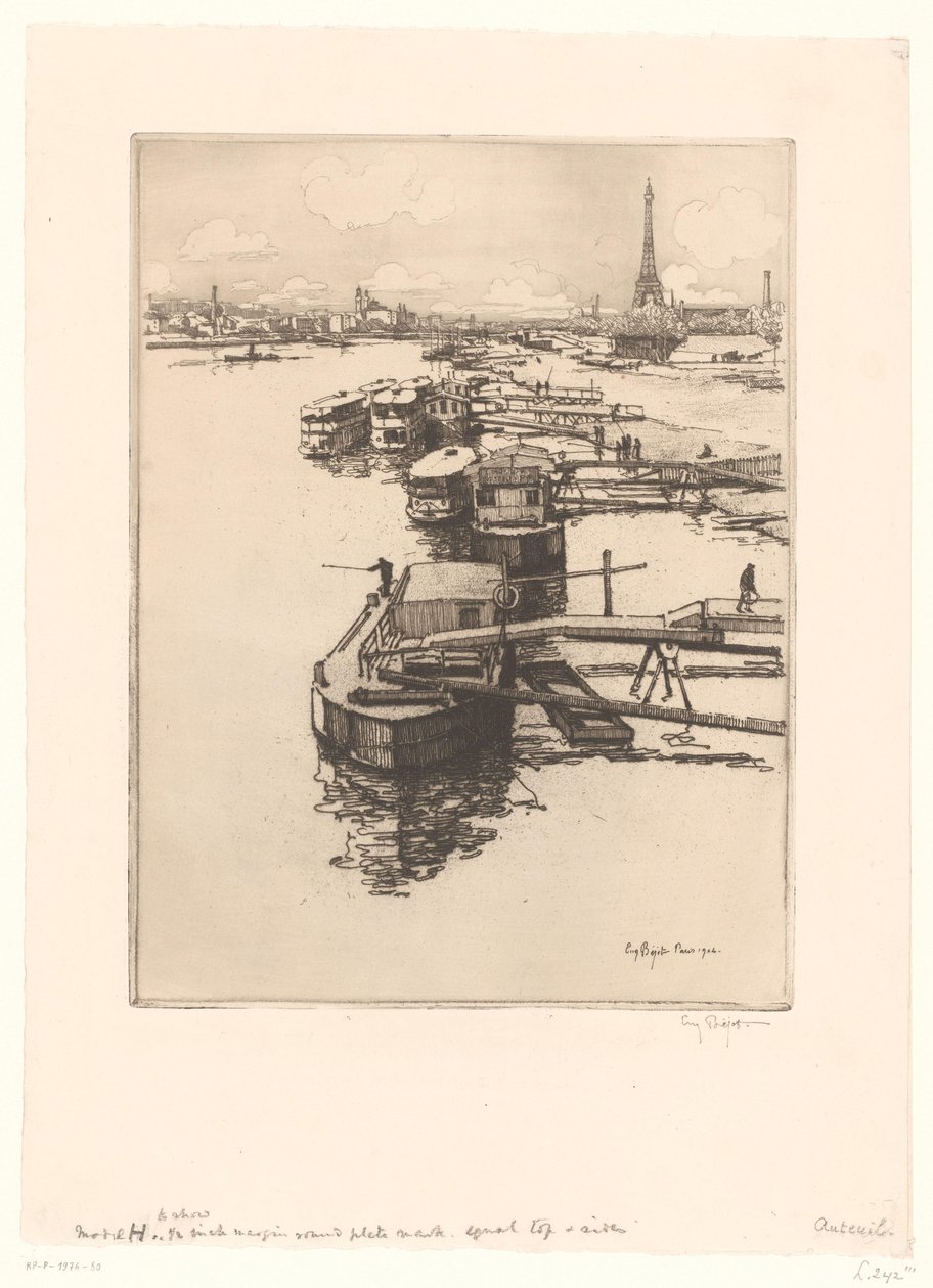 Kaj med omnibusbåtar i Paris med Eiffeltornet i bakgrunden av Eugène Bejot (signed by artist)