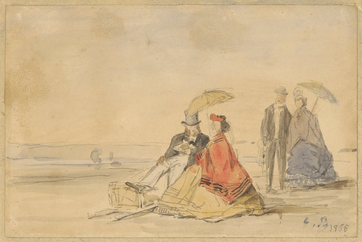 Ett par sittande och ett par som går på stranden av Eugène Boudin