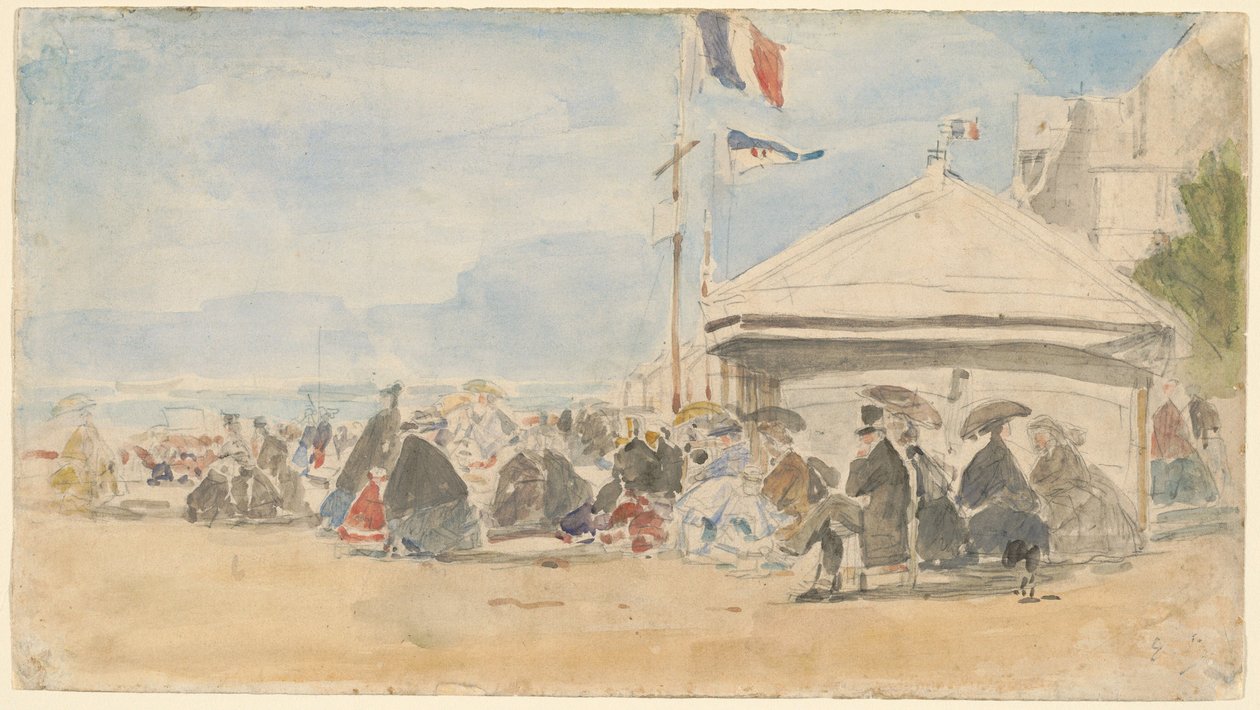 Beach House med flaggor i Trouville av Eugène Boudin