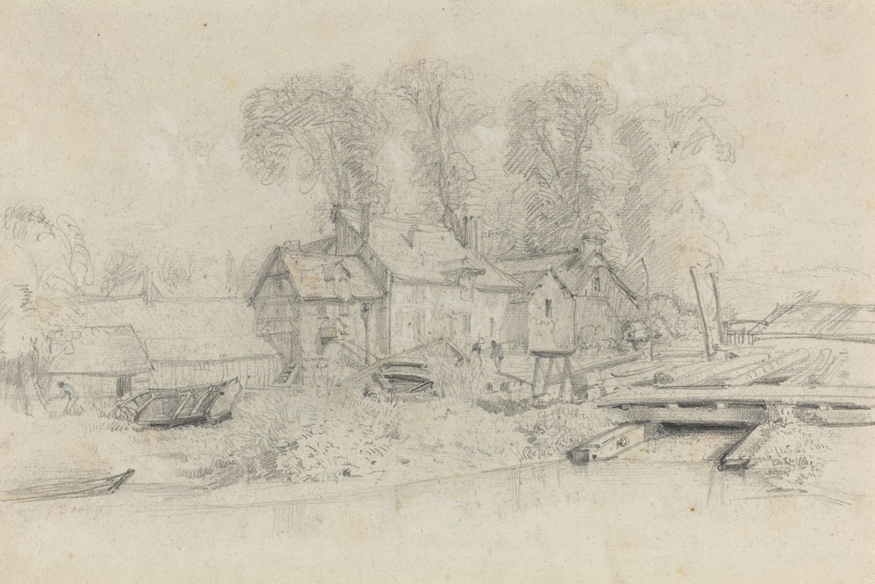 Flodlandskap med byggnader, båtar och figurer av Eugène Boudin