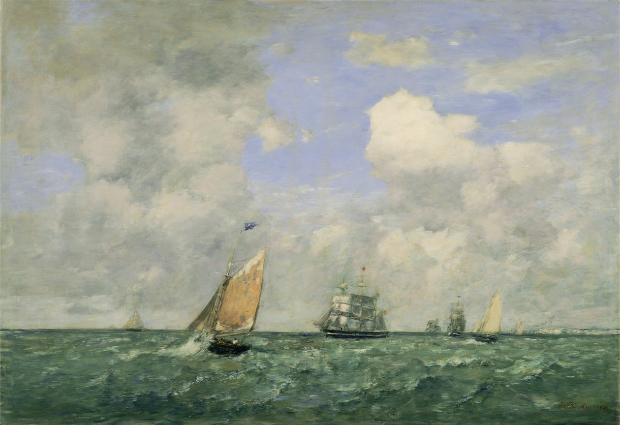 Fartyg och segelbåtar som lämnar Le Havre av Eugène Boudin