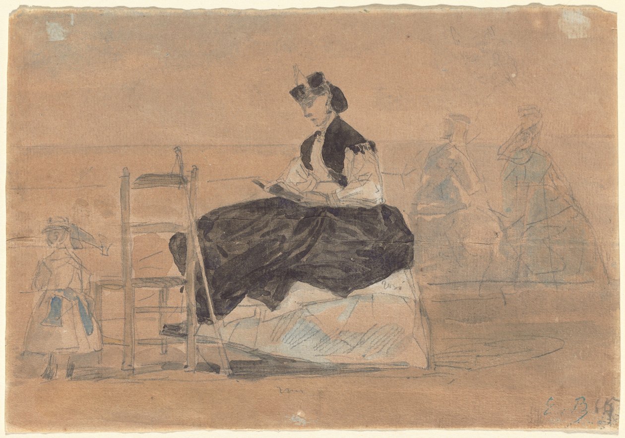 Kvinna i en Crinoline på stranden i Trouville av Eugène Boudin
