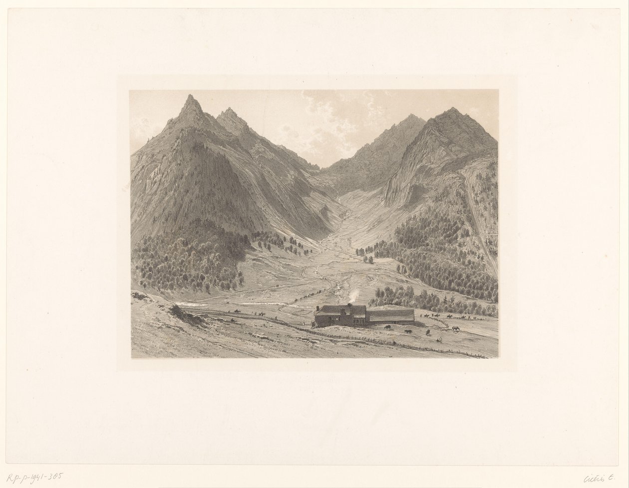 Berglandskap med hus i alpin äng av Eugène Cicéri (attributed to)