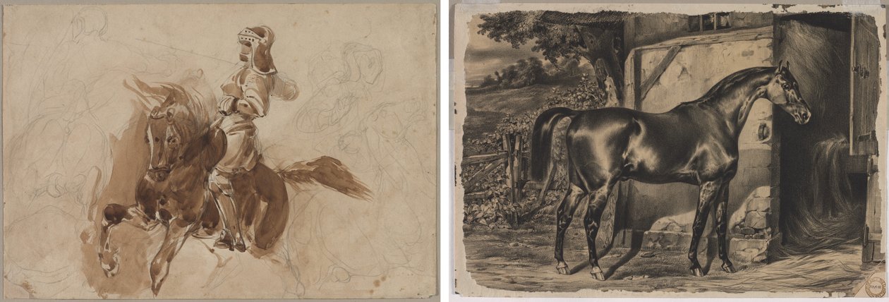 Pansarfigur till häst (recto); Häst framför en lada (verso) av Eugène Delacroix