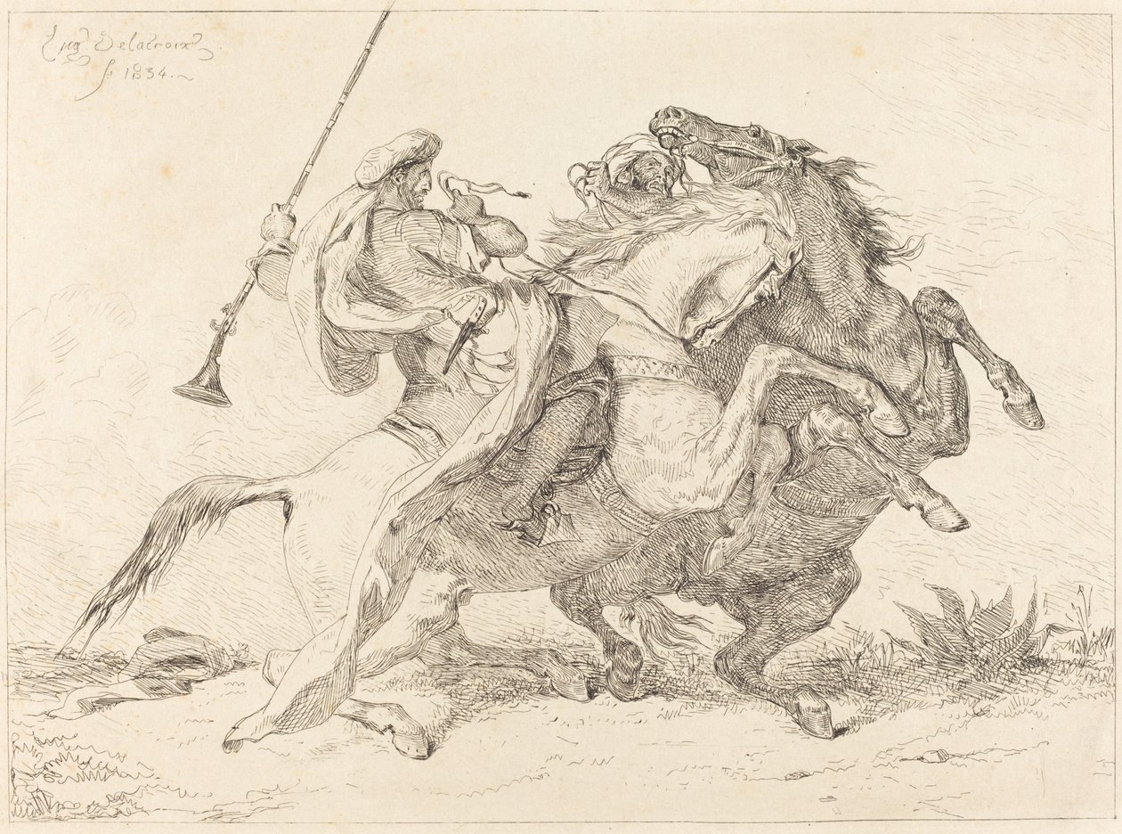 Mötet med de moriska ryttarna Rencontre de Cavaliers Maures, 1834. av Eugène Delacroix