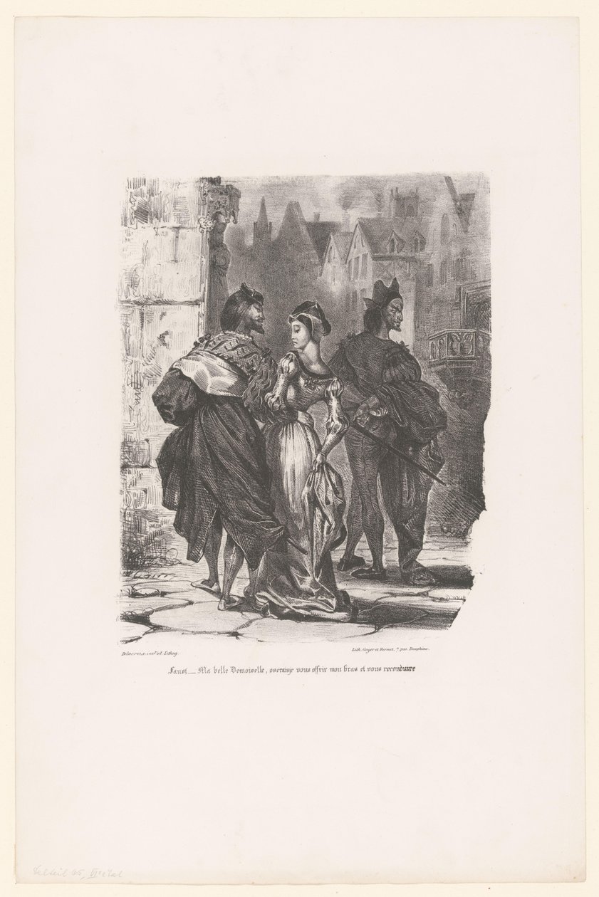 Faust försökte Grietje te verleiden Faust: Min vackra unga dam, skulle jag våga erbjuda dig min arm och köra dig hem? (titel på objekt) Faust (serietitel) Faust, tragedi av M. de Goethe (serietitel) av Eugène Delacroix