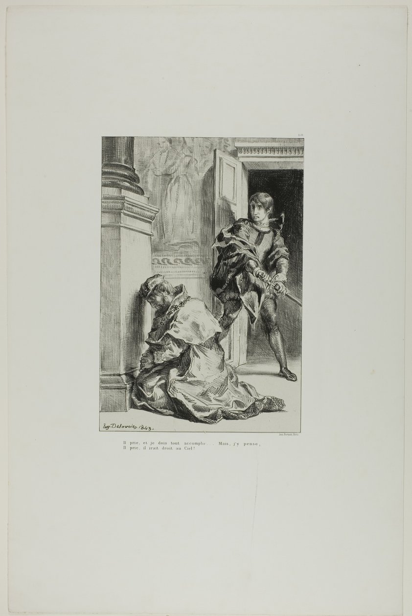 Hamlet försöker dräpa kungen, plansch 8 ur Hamlet av Eugène Delacroix