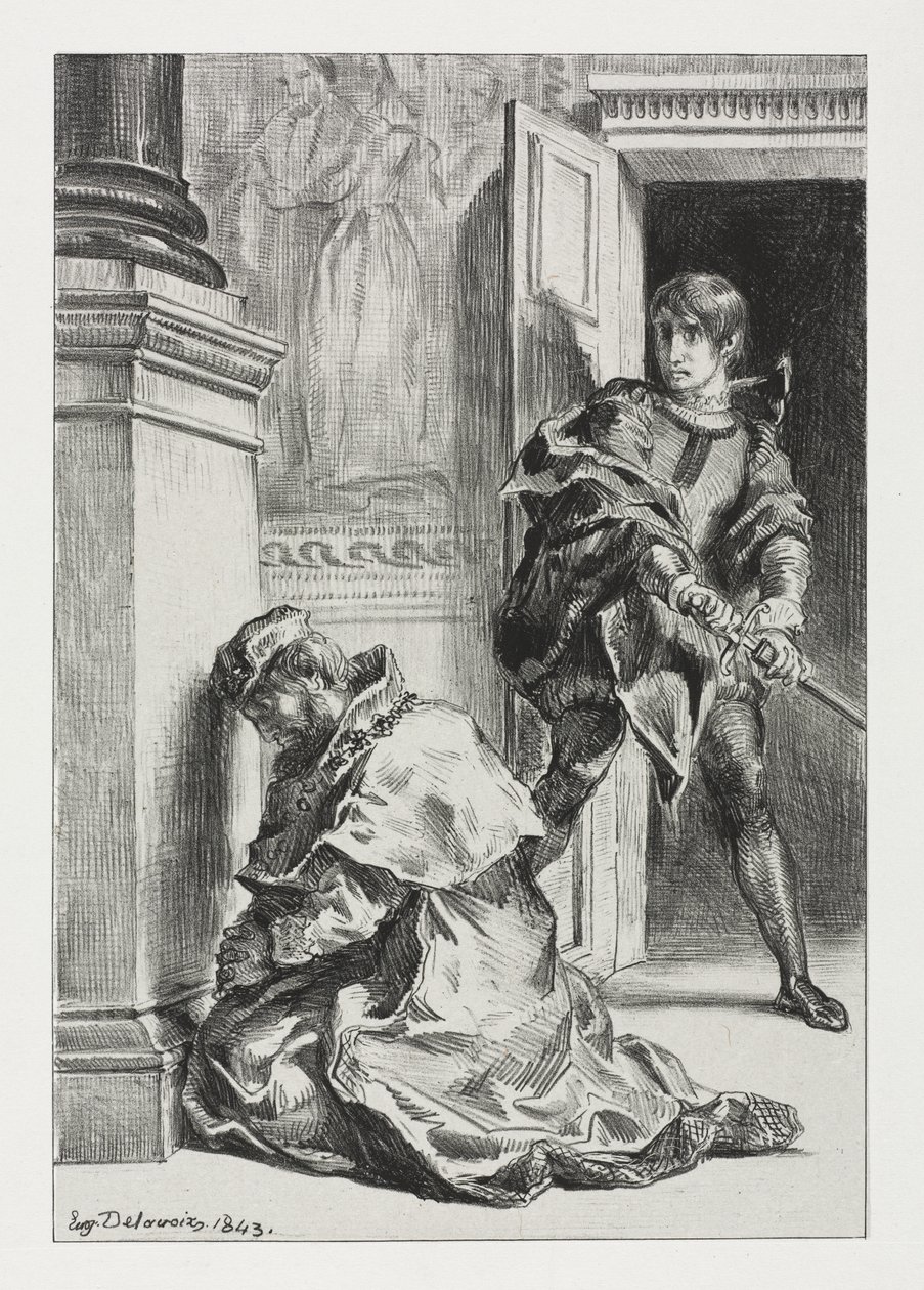 Hamlet: Hamlet försöker döda kungen av Eugène Delacroix