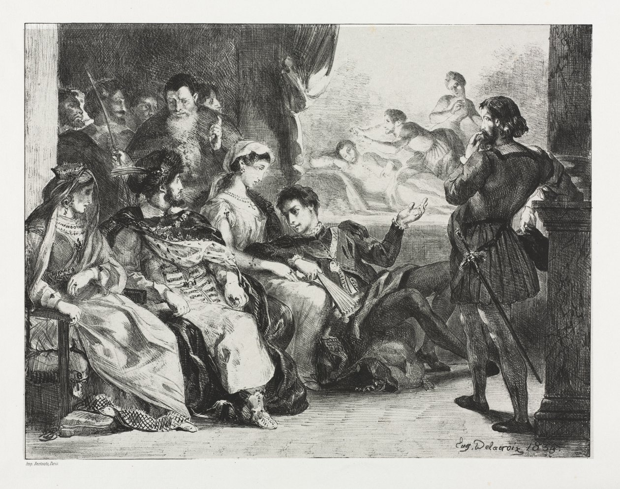 Hamlet: Hamlet beordrar skådespelarna att göra en scen från förgiftningen av sin far av Eugène Delacroix