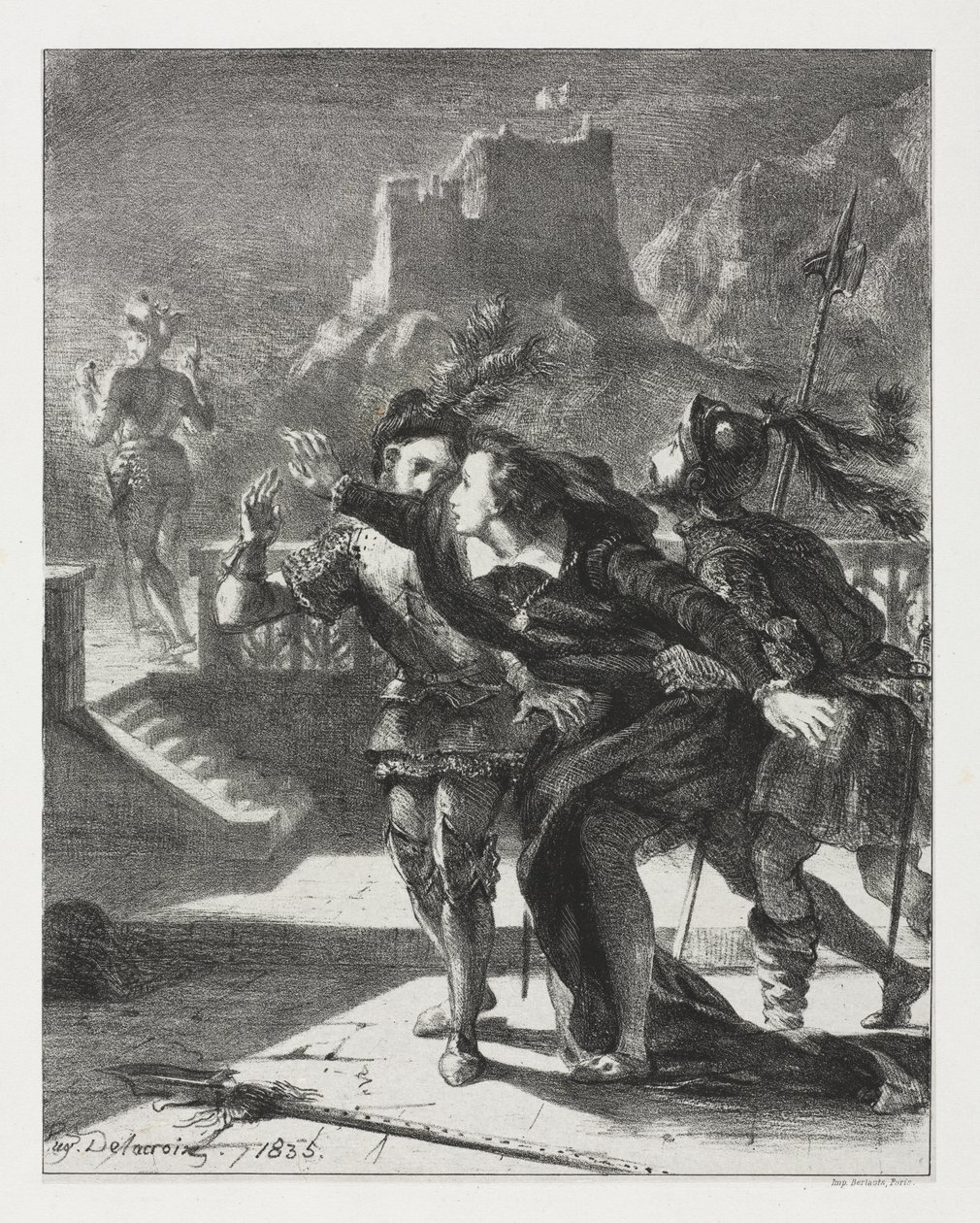 Hamlet: Hamlet skyndar sig att följa sin fars spöke av Eugène Delacroix