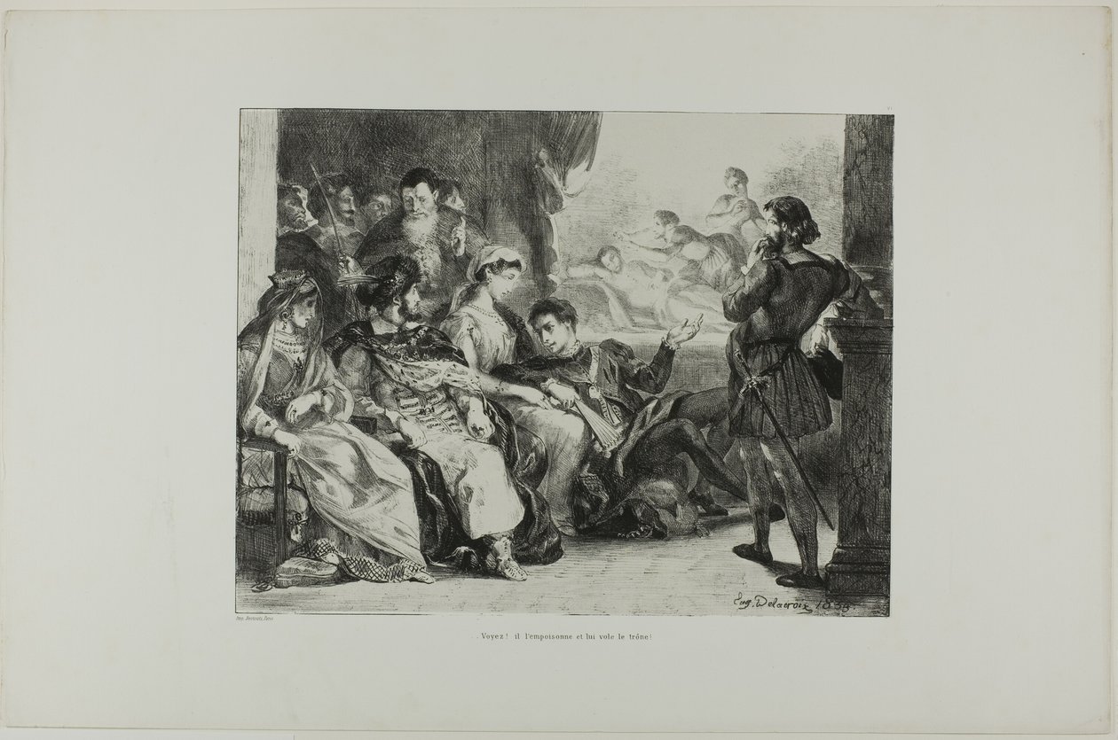 Hamlet får spelarna att iscensätta förgiftningen av hans far, plansch 7 ur Hamlet av Eugène Delacroix