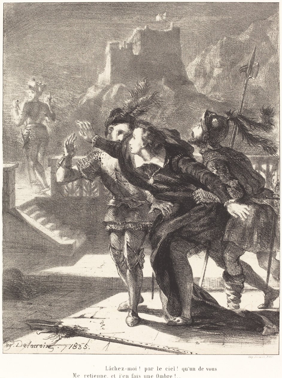 Hamlet önskar följa sin fars spöke (akt I, scen IV) av Eugène Delacroix