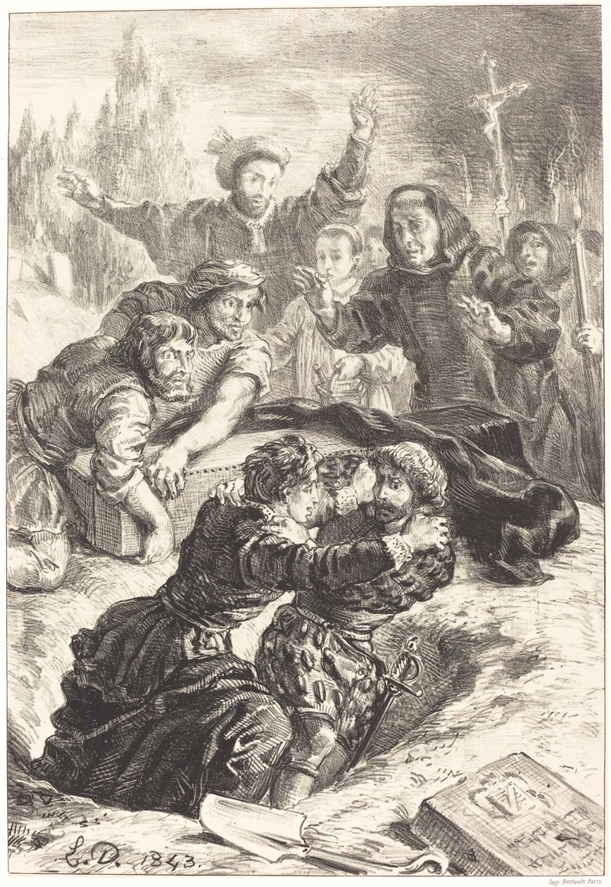 Hamlet och Laertes i Ophelias grav Akt V, scen I, 1843. av Eugène Delacroix