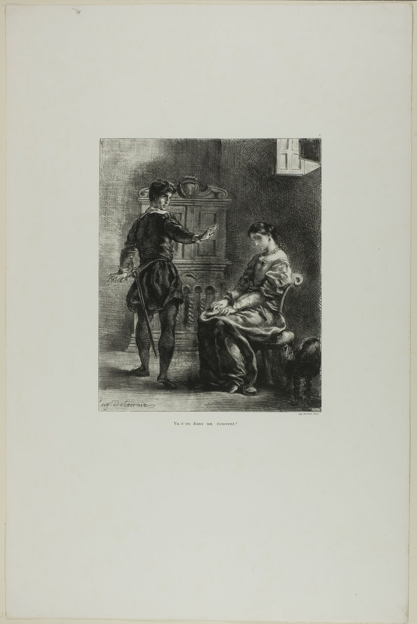 Hamlet och Ofelia, plansch 5 ur Hamlet av Eugène Delacroix