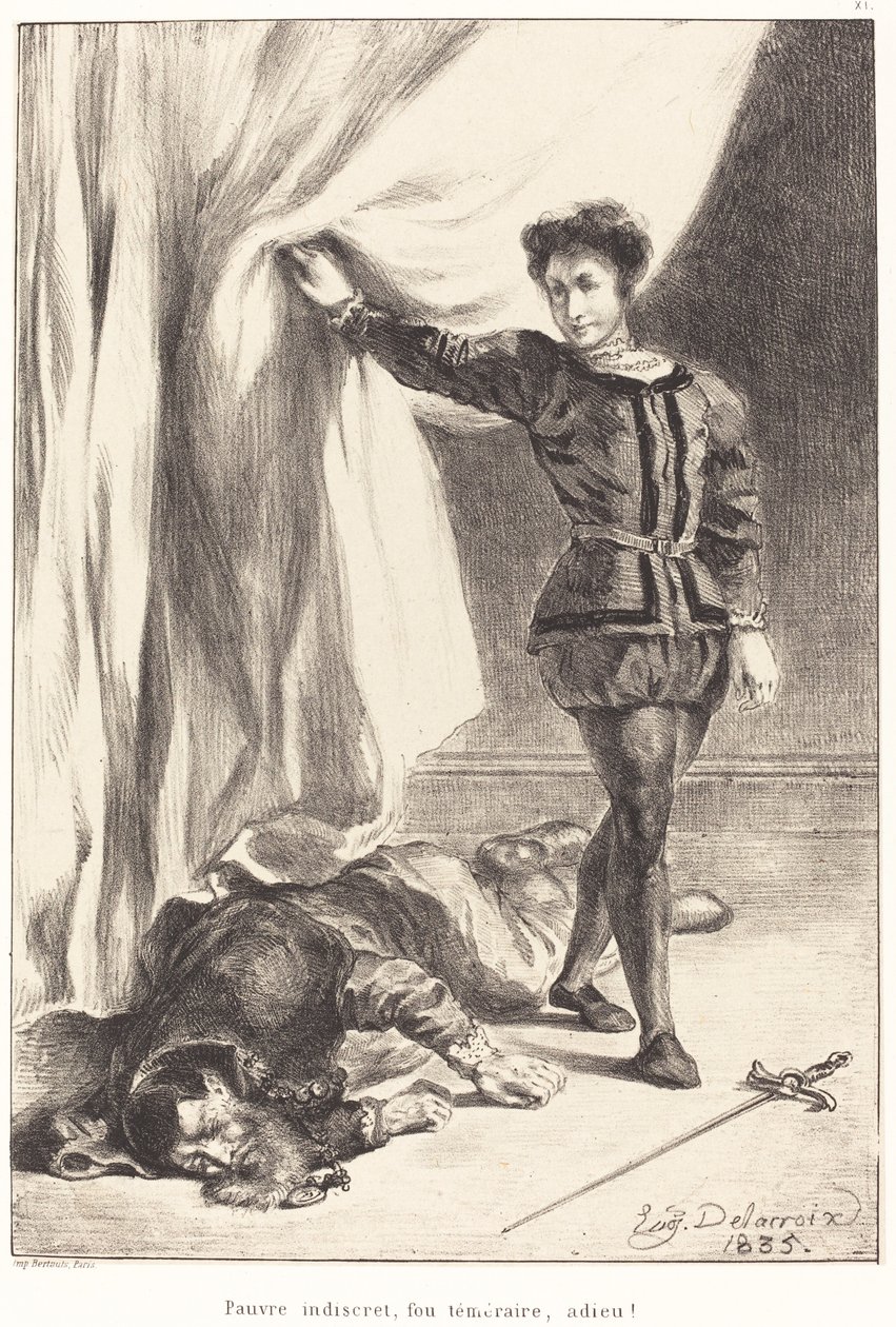 Hamlet och Polonius kropp (akt III, scen IV) av Eugène Delacroix