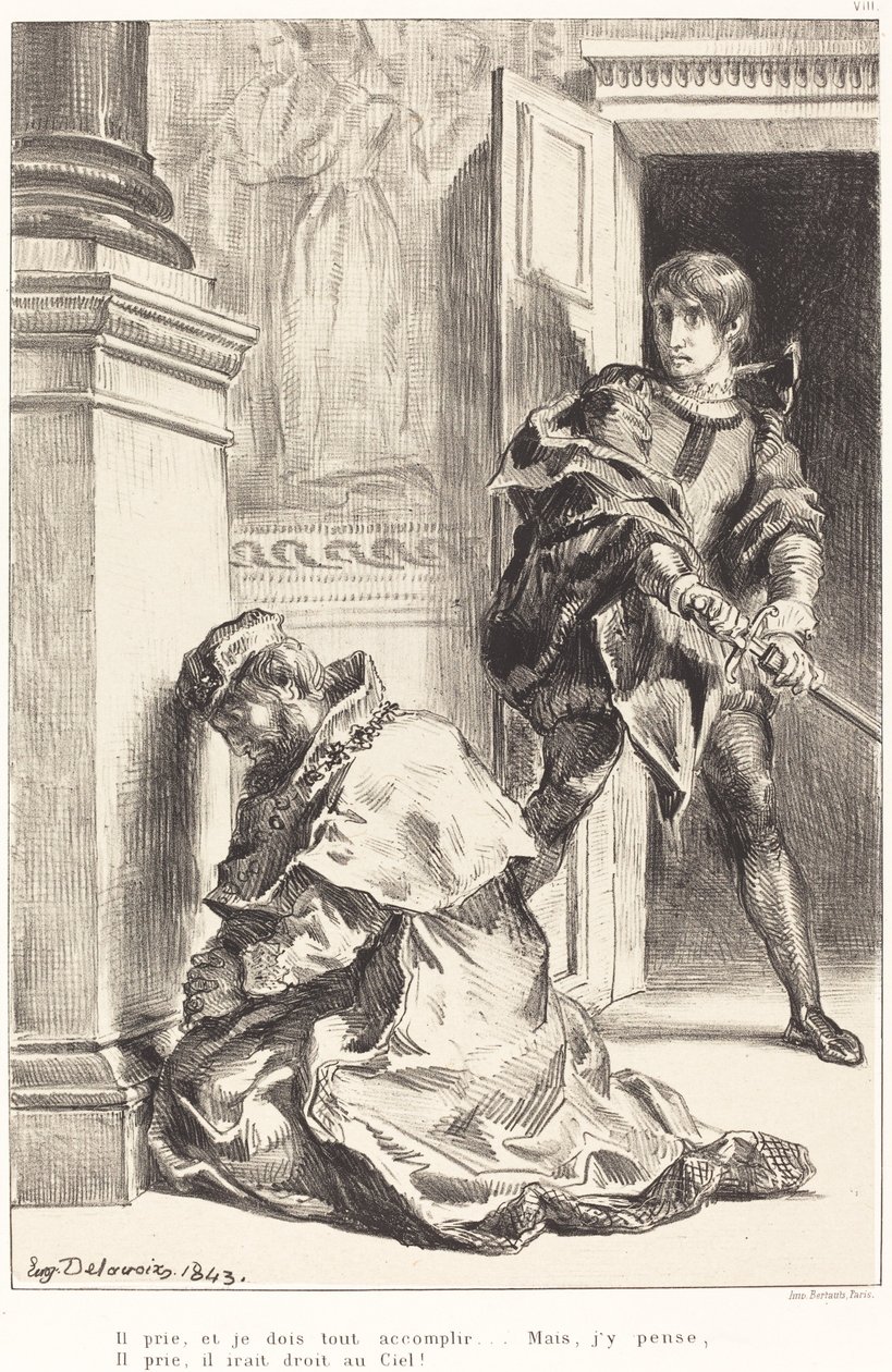 Hamlet frestas att döda kungen (akt III, scen III) av Eugène Delacroix