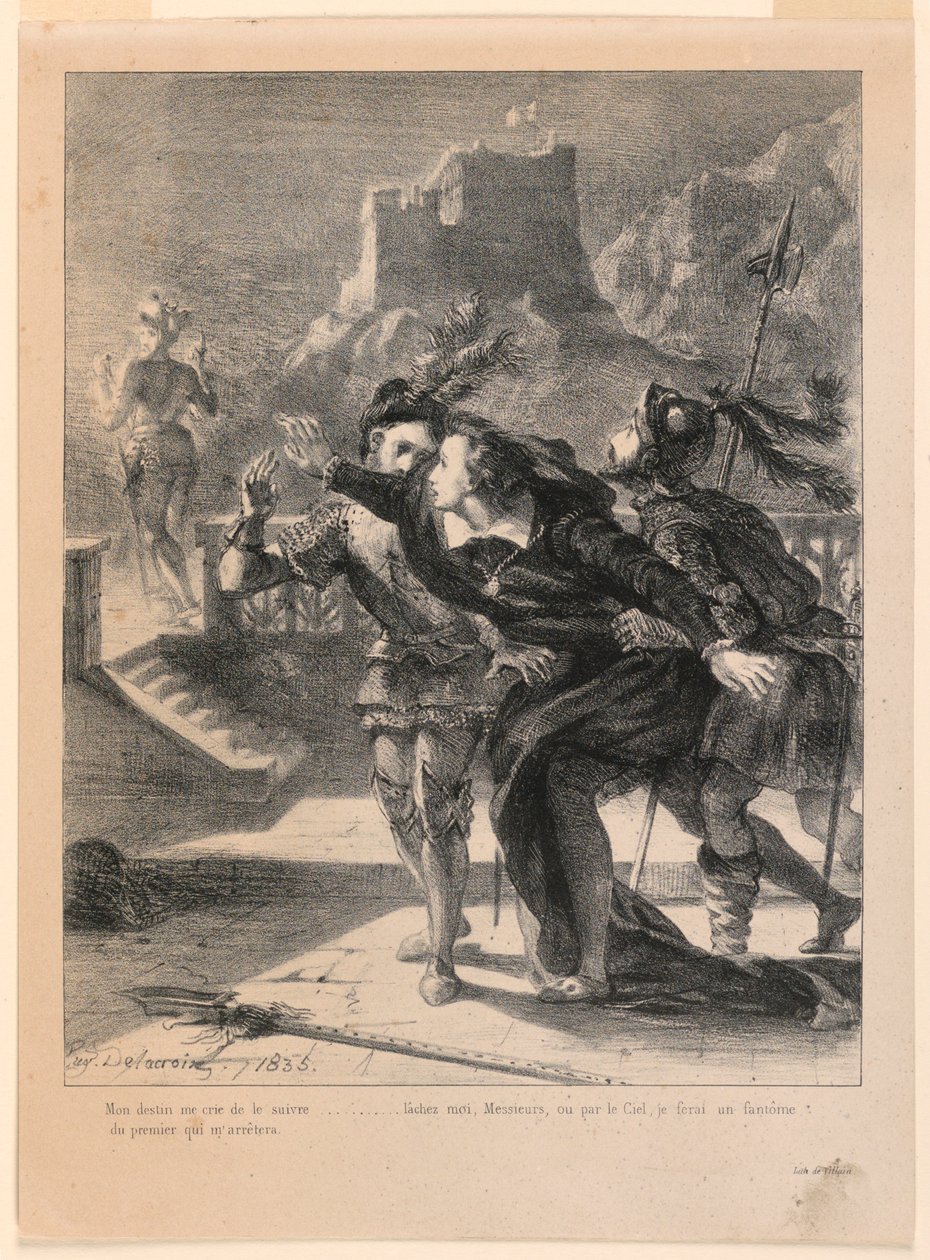 Illustration för Hamlet: Hamlet försöker följa sin fars spöke (I,4) av Eugène Delacroix