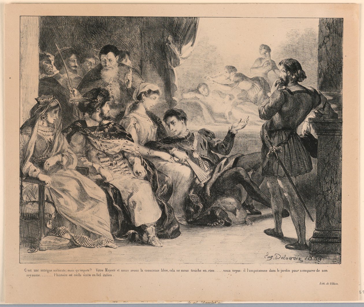 Illustration för Hamlet: Spelarna representerar Hamlets fars död (III,2) av Eugène Delacroix