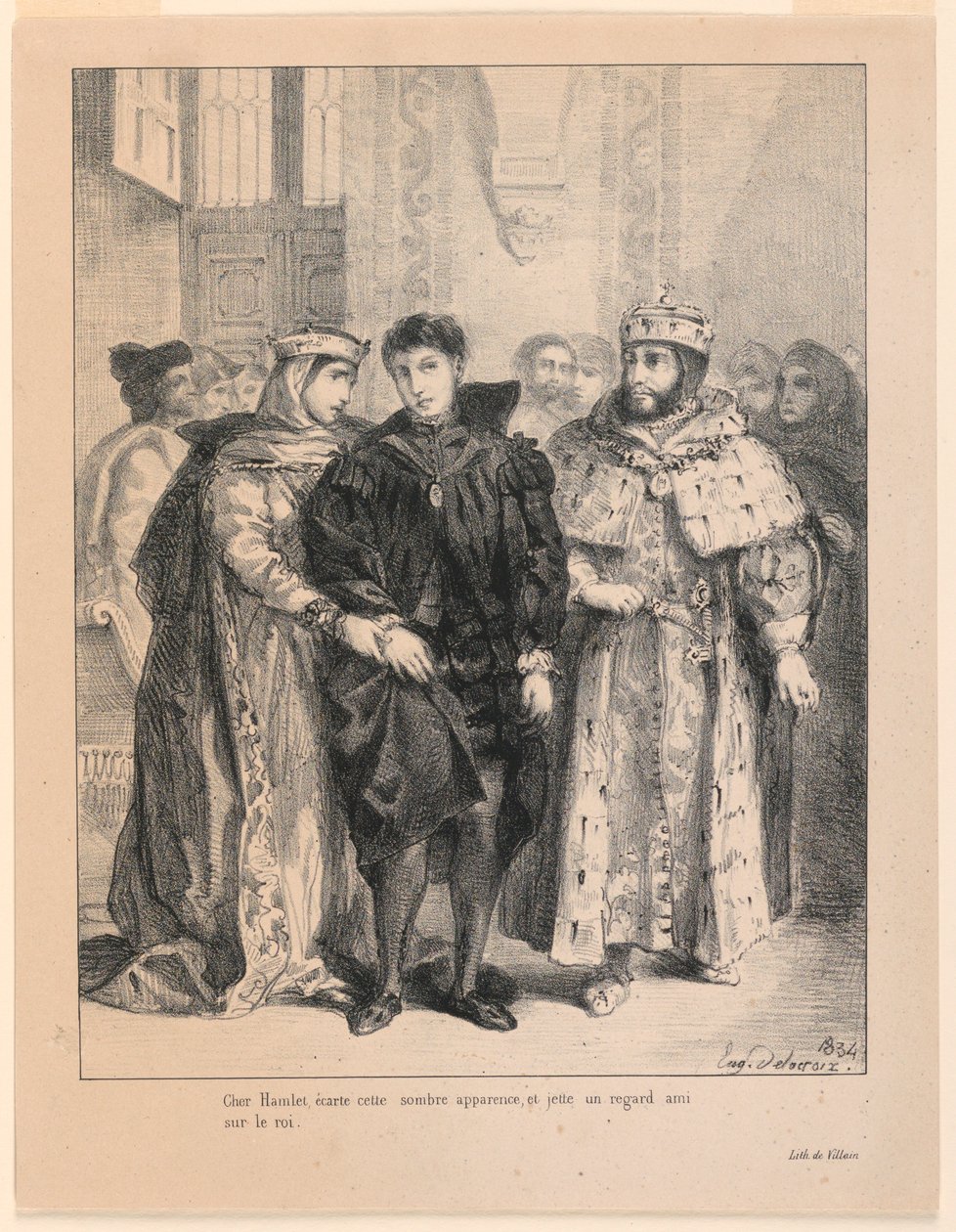 Illustration till Hamlet. Drottningen försöker heja Hamlet (i, 2) av Eugène Delacroix