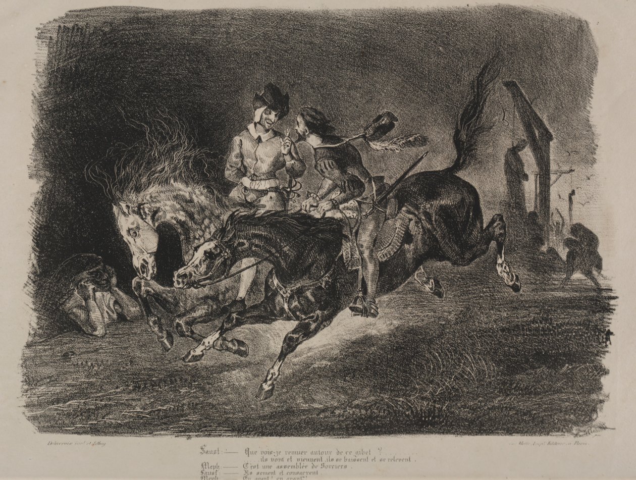 Illustrationer för Faust: Faust och Méphistophélés ridning på sabbaten av Eugène Delacroix