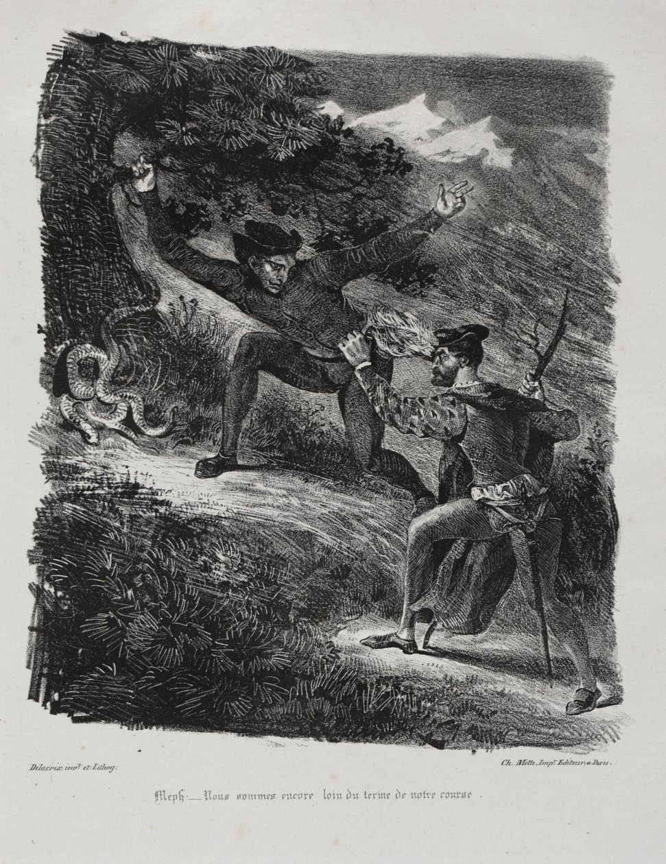 Illustrationer för Faust: Faust och Méphistophélés i bergen i Hartz av Eugène Delacroix