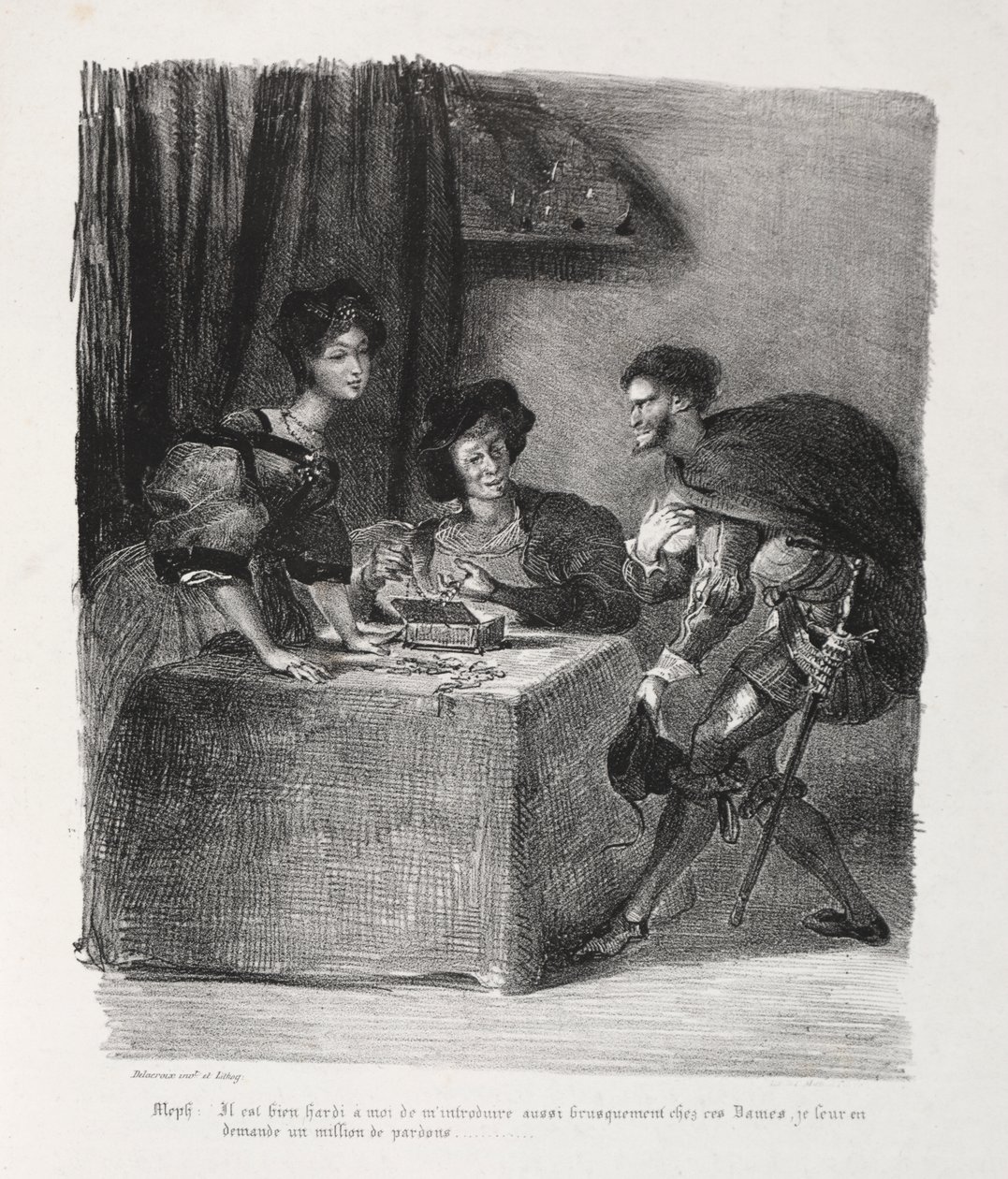 Illustrationer för Faust: Mephistopheles är på Marthe av Eugène Delacroix