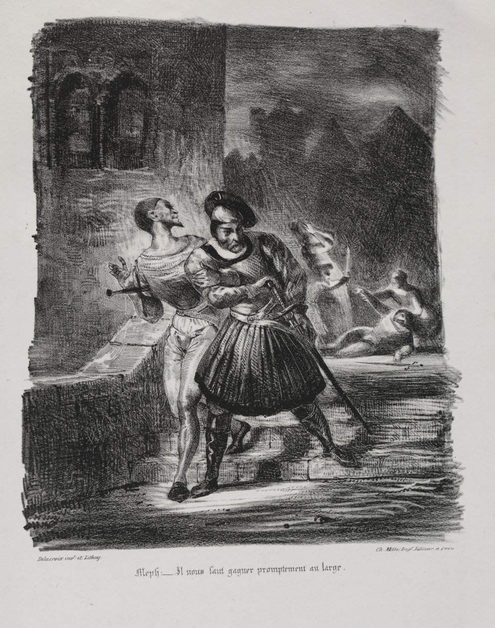 Illustrationer för Faust: Mephistopheles och Faust flyr efter duellen av Eugène Delacroix