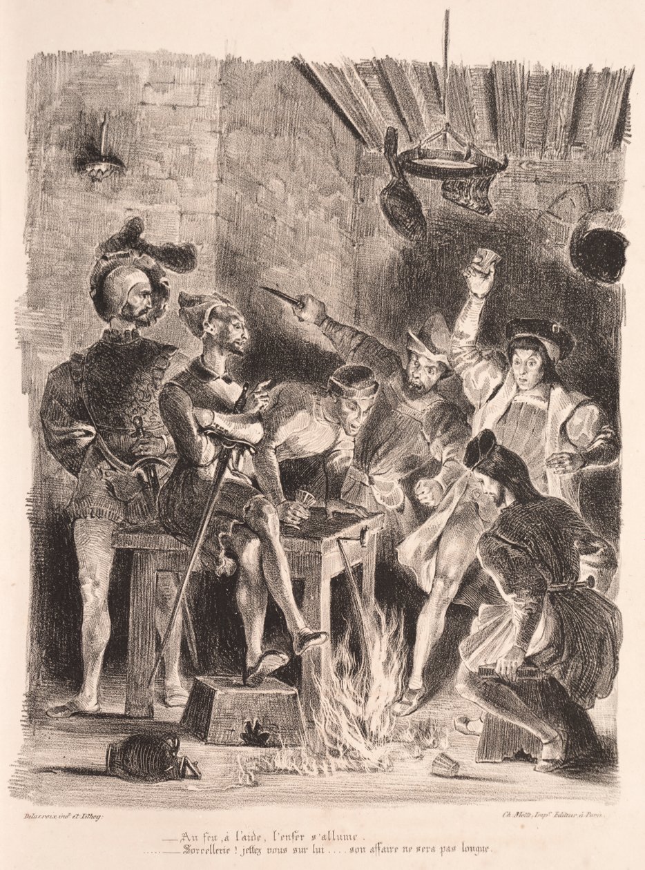 Illustrationer för Faust: Méphistophélés på studentkrogen av Eugène Delacroix
