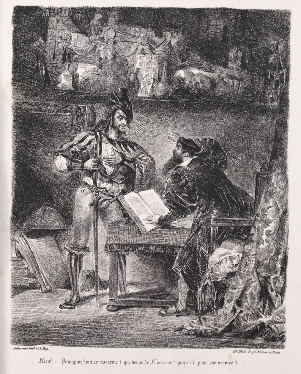 Illustrationer för Faust: Mephistopheles besöker Faust av Eugène Delacroix