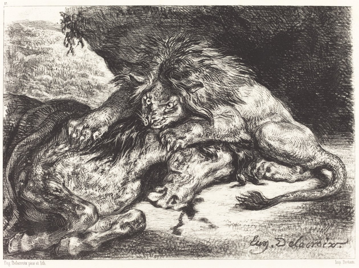 Lejon som slukar en häst Lejon som slukar en häst, 1844. av Eugène Delacroix