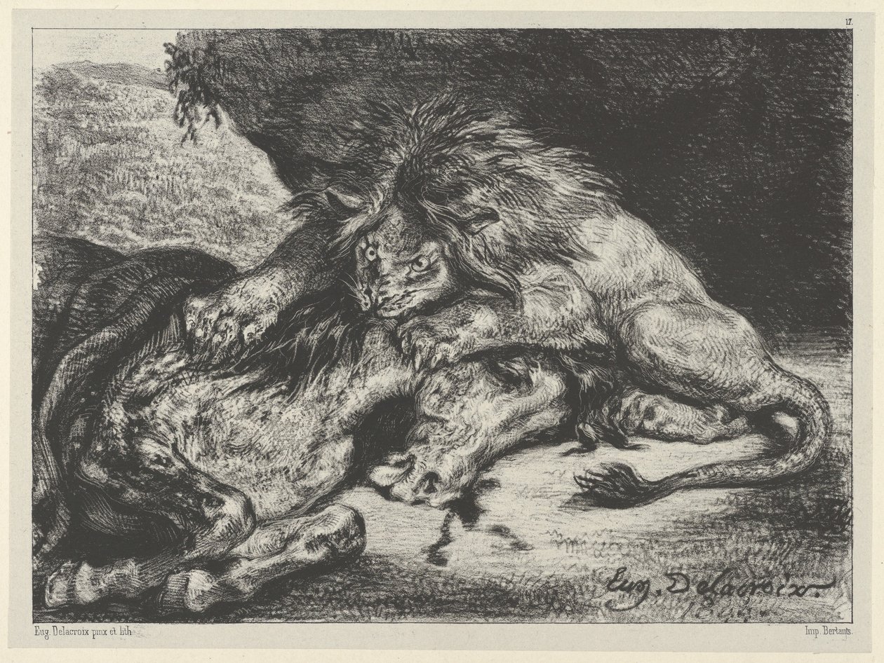 Lejon slukar en häst, 1844, 1844. av Eugène Delacroix