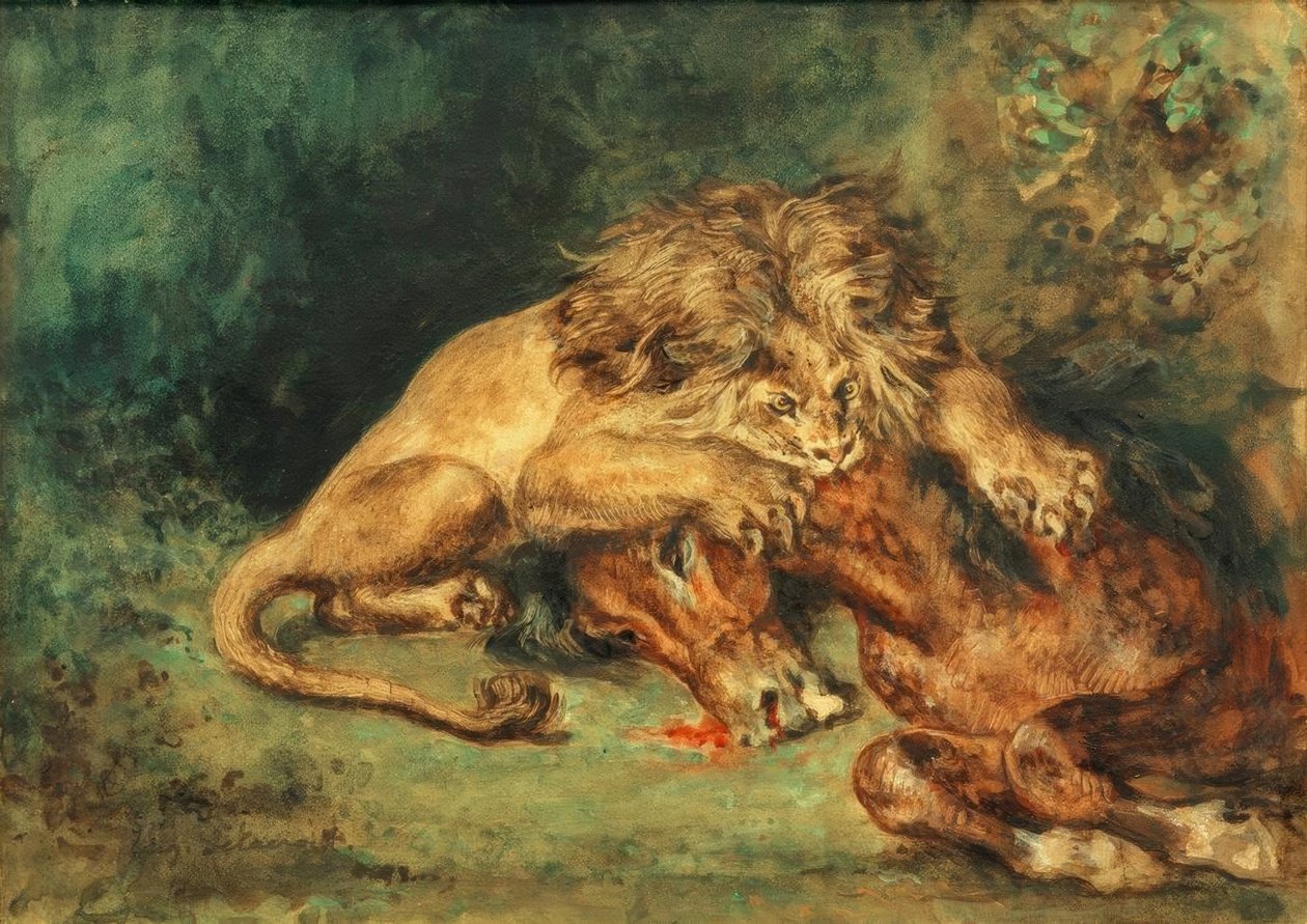 Lejon sliter en häst av Ferdinand Victor Eugene Delacroix